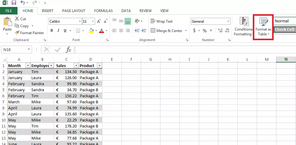 Conjunto de datos formateado como tabla en Excel