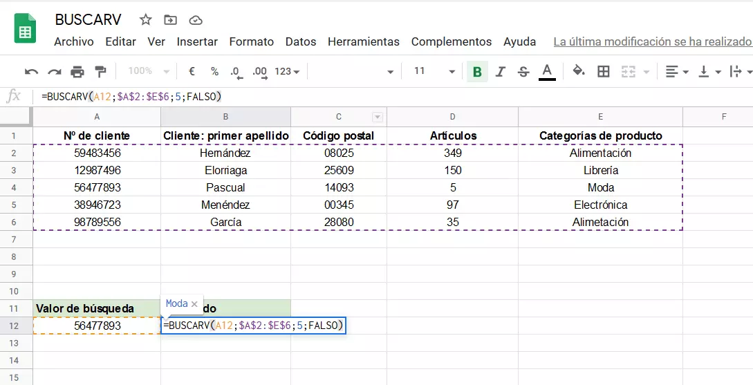 BUSCARV en Google Sheets