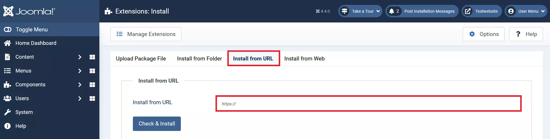 Opción “Instalar desde URL” en el backend de Joomla