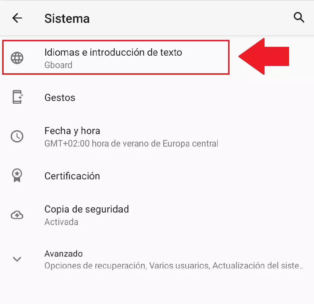 La opción “Idioma y entrada” en el menú de configuración de Android