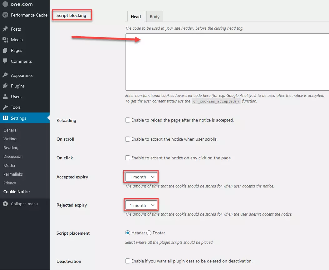 Cookie Notice: bloqueo de scripts