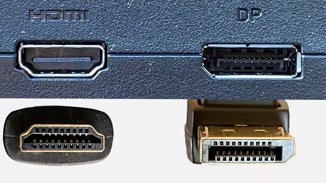 Imagen de la vista del conector y la toma de HDMI y DisplayPort