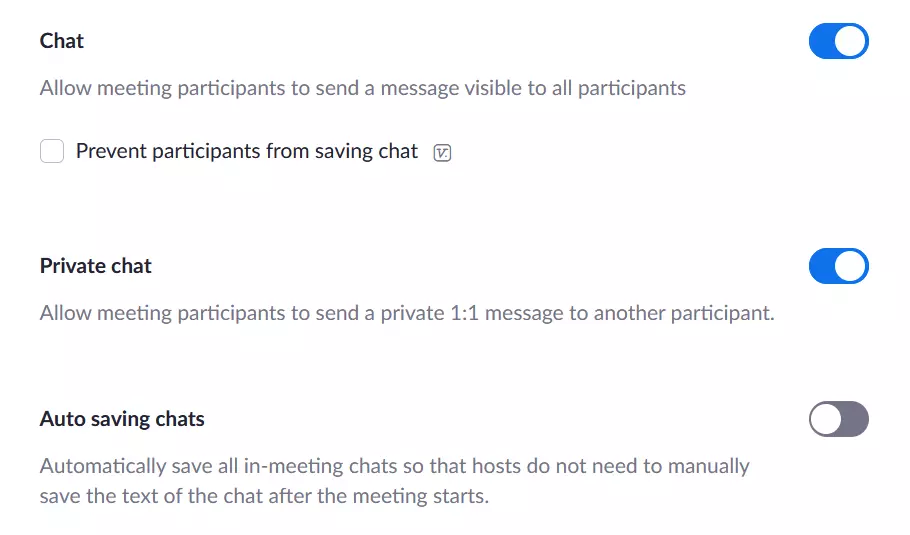 Opciones de chat de Zoom en la configuración