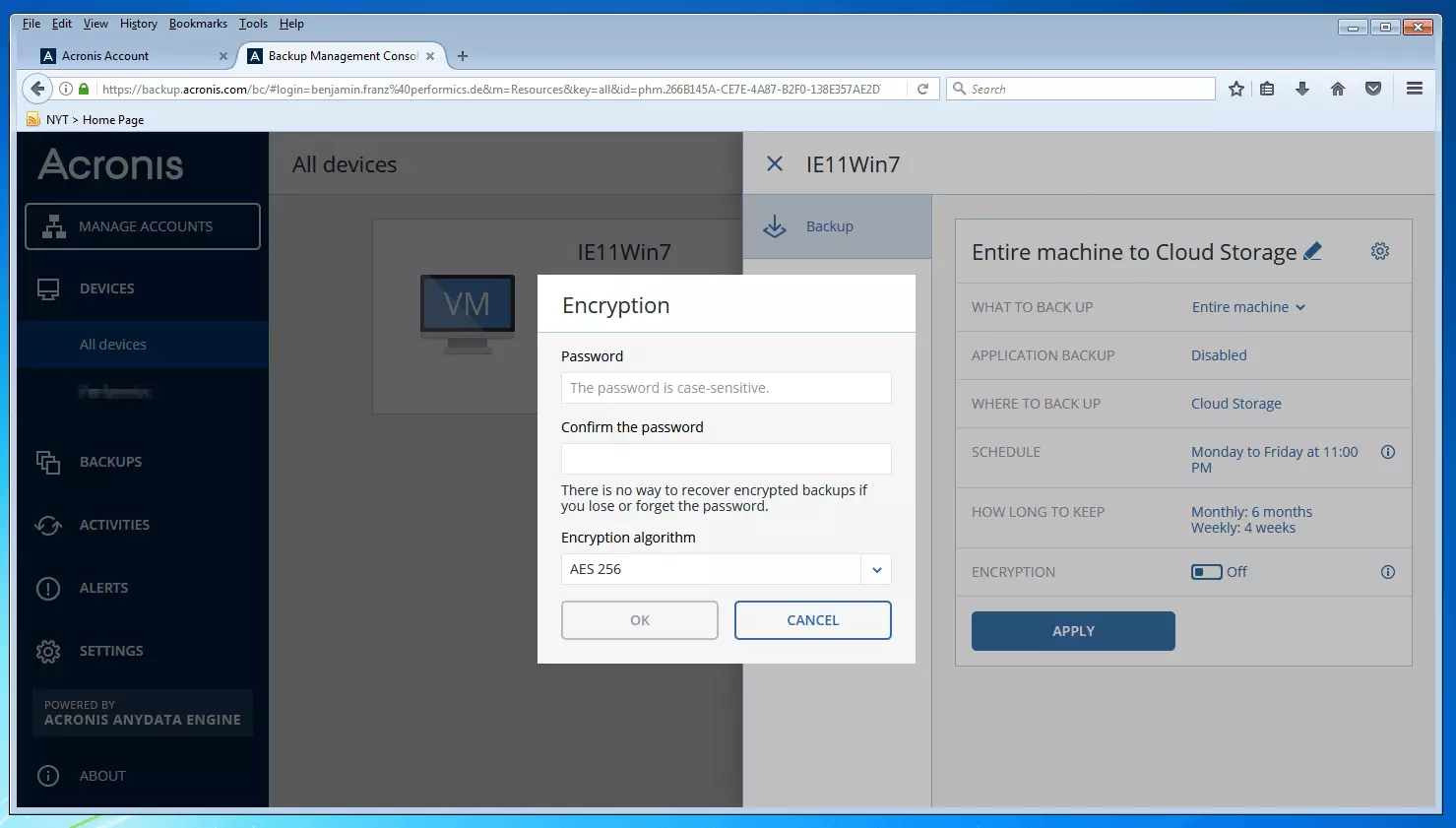 Consola de gestión de copias de seguridad de Acronis Backup 12.5: ventana de diálogo para introducir una contraseña para la encriptación de una copia de seguridad