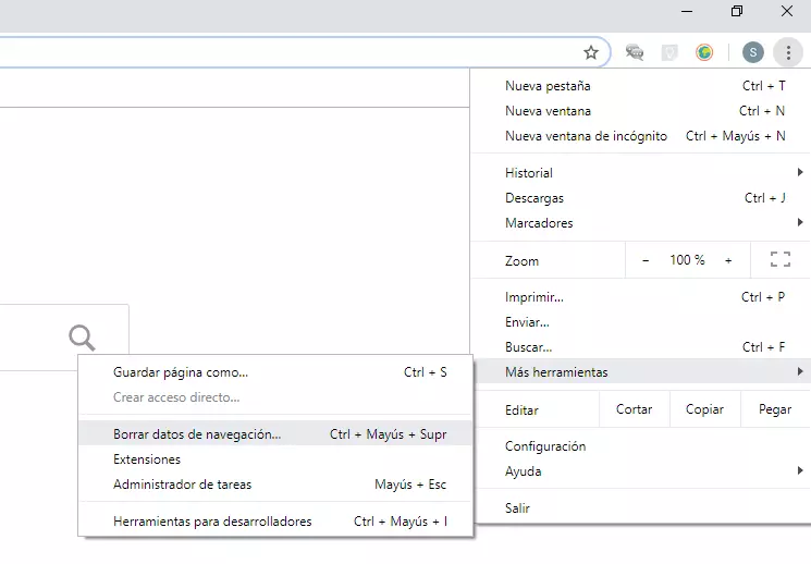 Opciones de Google Chrome: menú en el icono de tres puntos