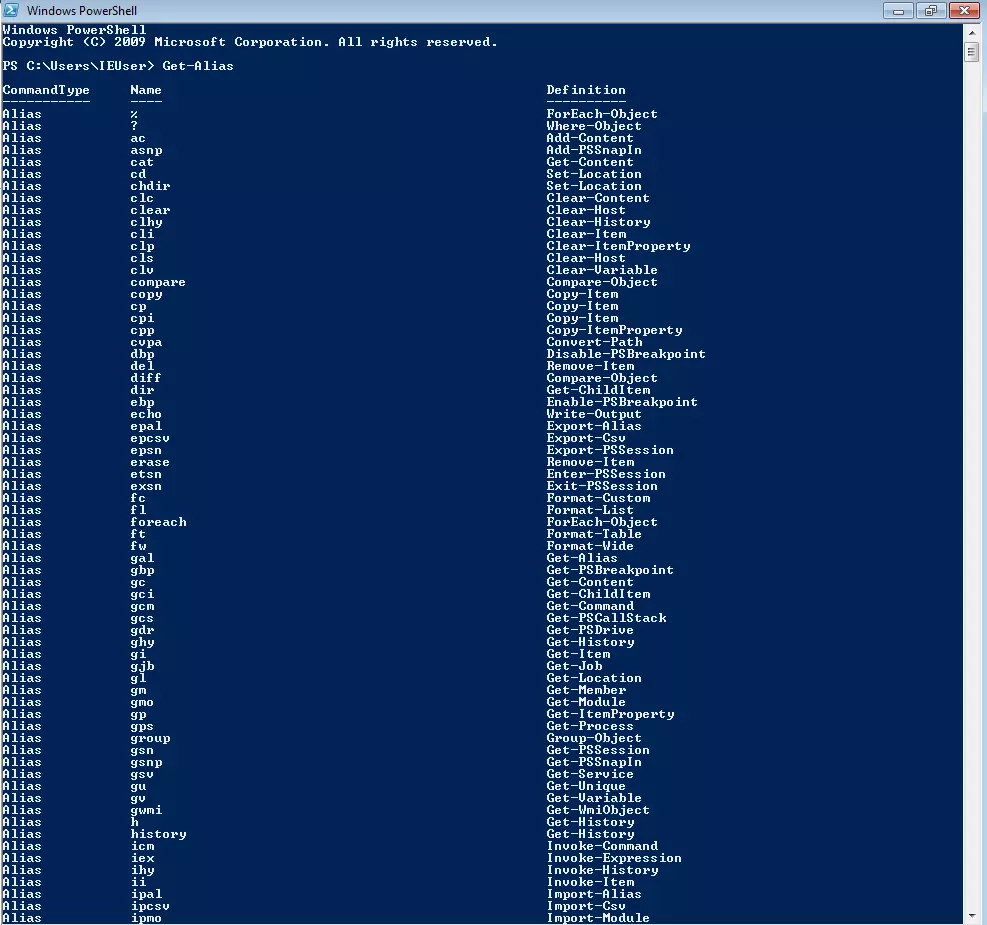 Resultados de Cmdlets Get-Alias