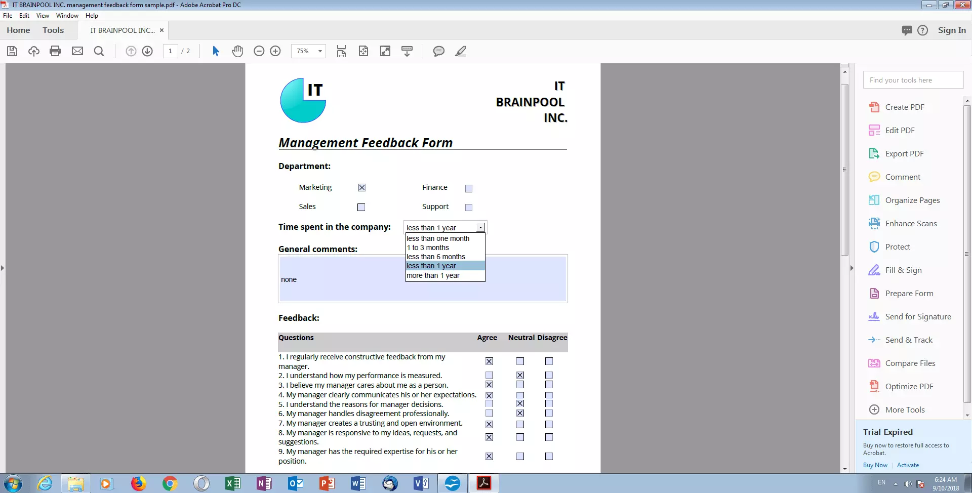 Ejemplo de un formulario de comentarios en un lector de PDF