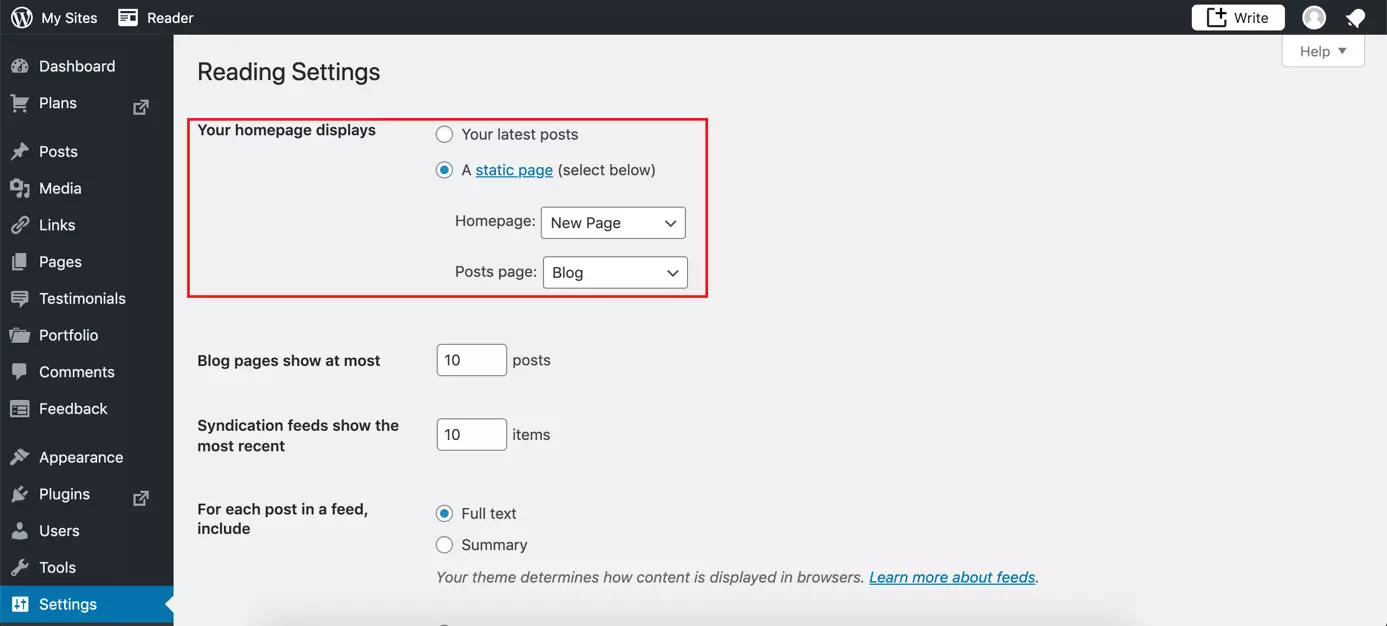 Configuración de lectura con opciones para especificar una página de inicio de WordPress