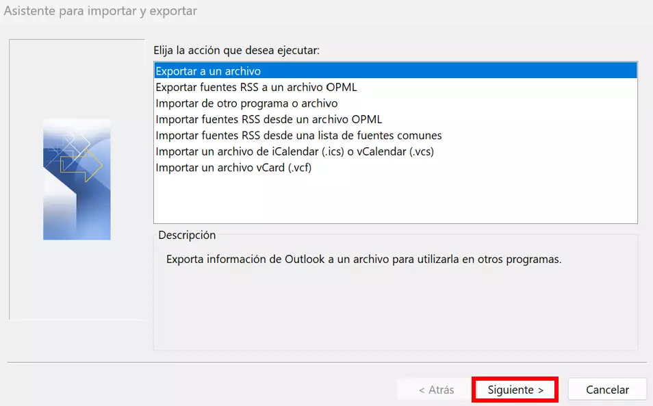 Asistente de importación y exportación de Outlook: acción de “exportar a un archivo”