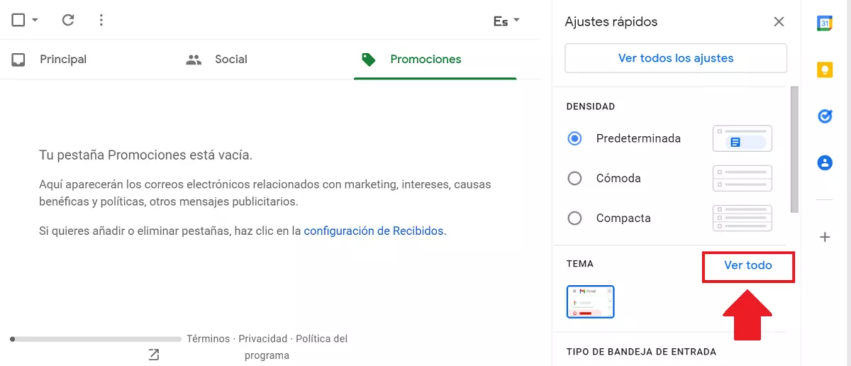 La sección Tema del menú de ajustes rápidos de Gmail