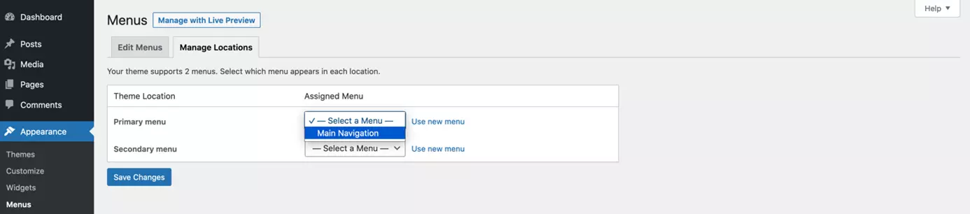 Fijar la posición del menú de WordPress en el backend