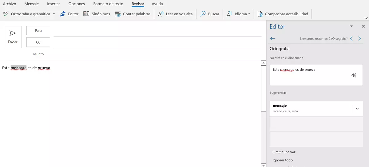 Outlook: revisión de ortografía manual