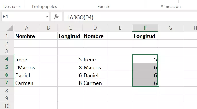 Excel: comprobación del número de caracteres mediante la función LARGO