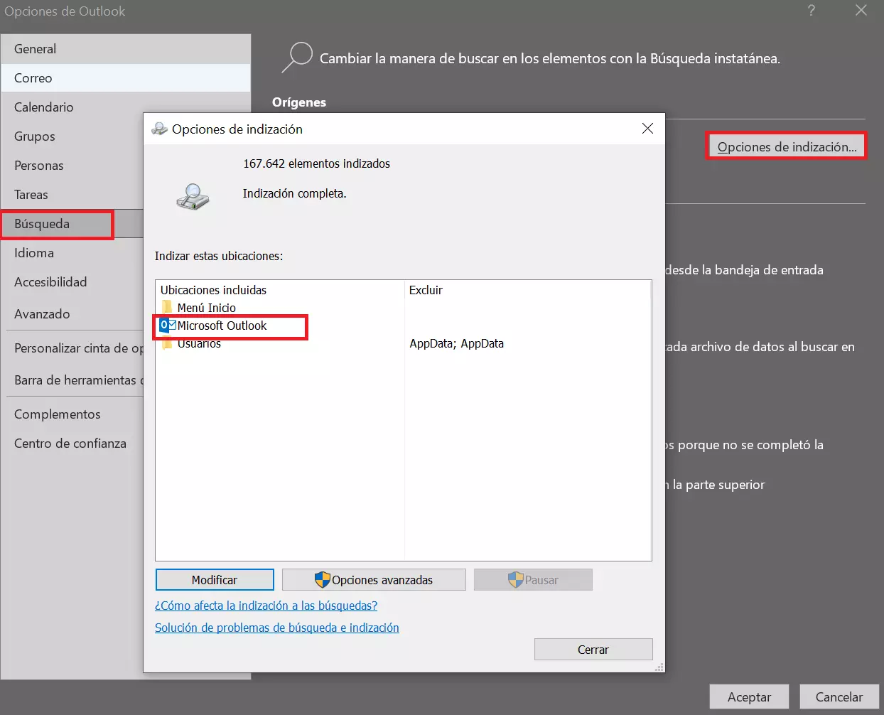 Opciones de indexación de Outlook