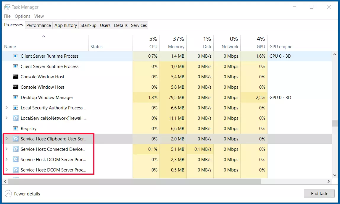 Instancias del host de servicio (svchost.exe) en el administrador de tareas de Windows 10