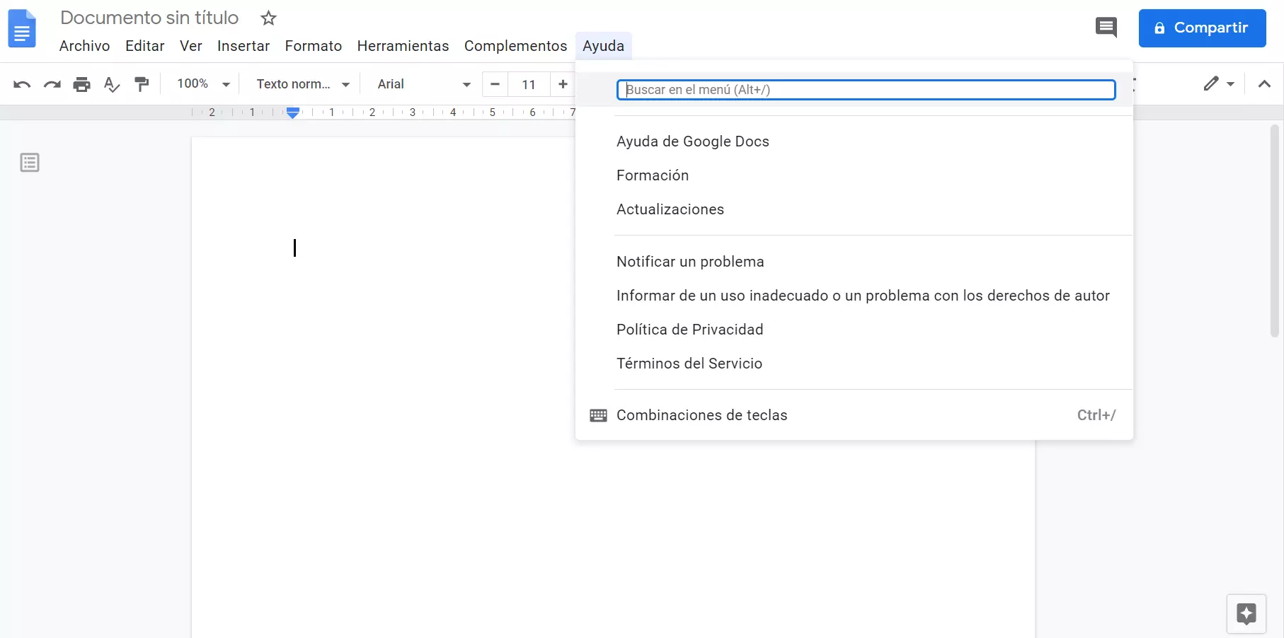 Acceso a los shortcuts de Google Docs a través del menú “Ayuda”