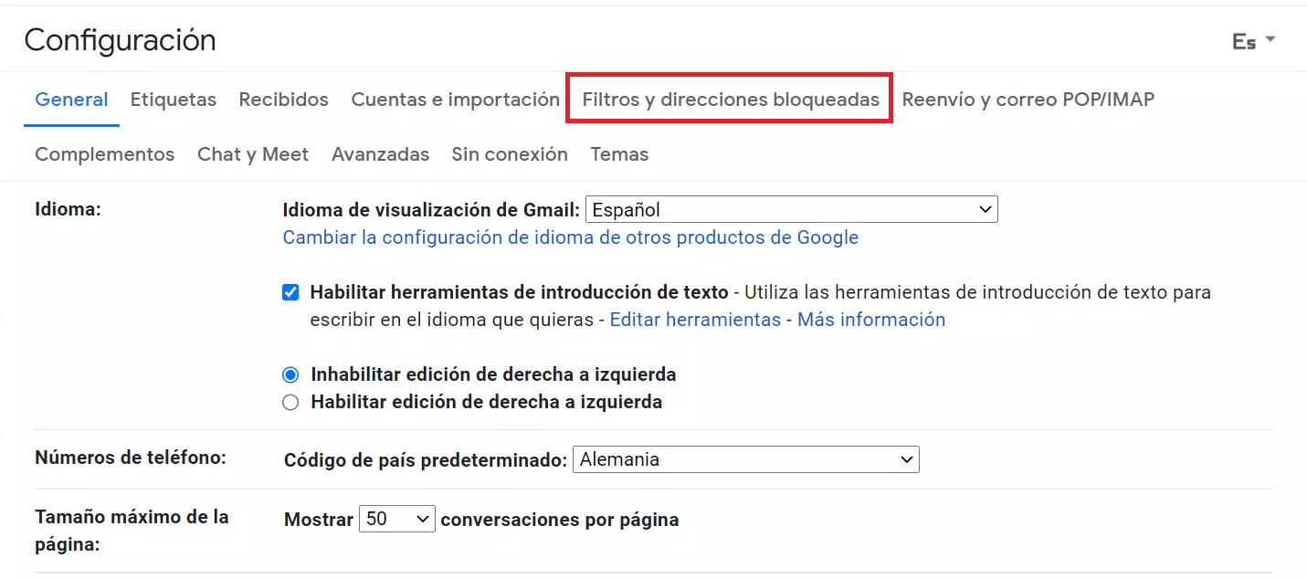 Configuración de Gmail con todas las pestañas