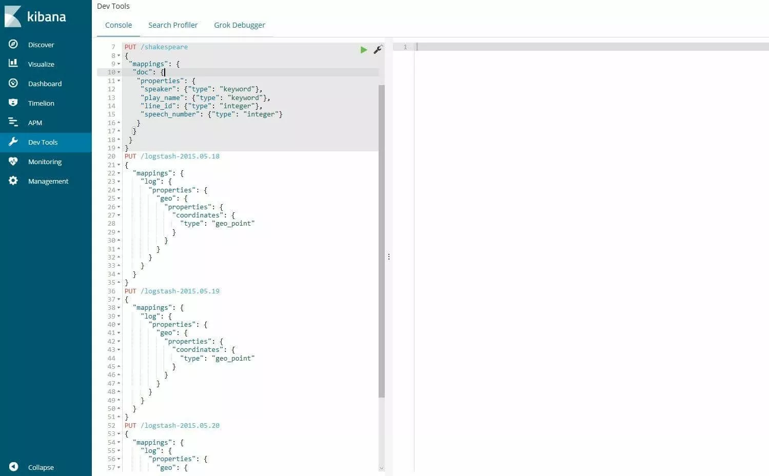 Consola de Kibana: introducción de los mappings de la base de datos