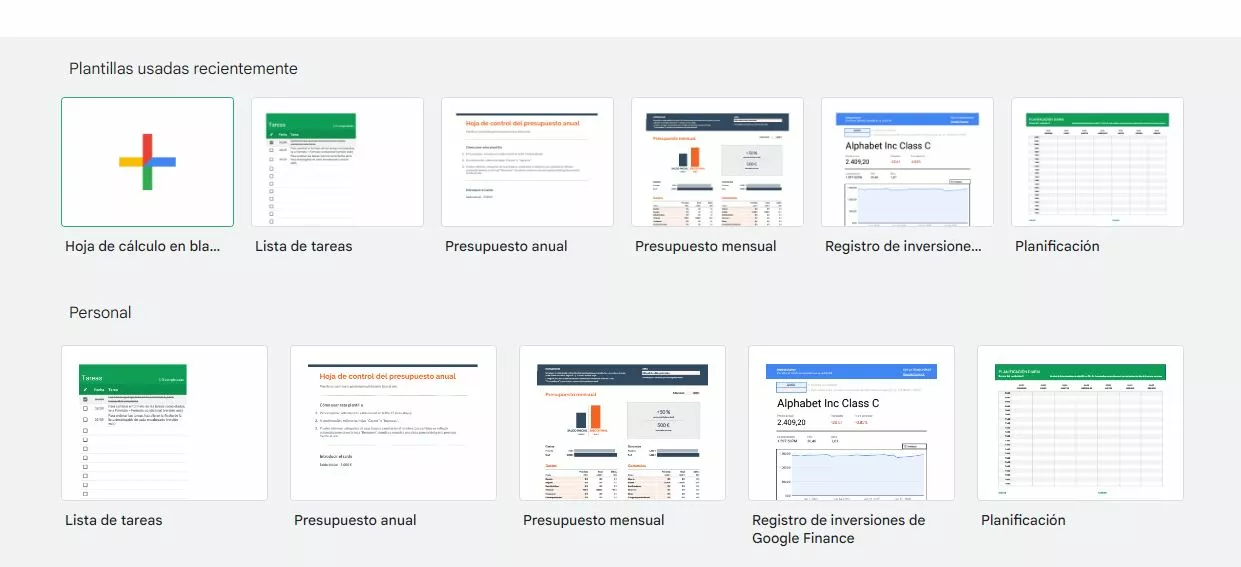 Captura de pantalla de la galería de plantillas de Google Sheets