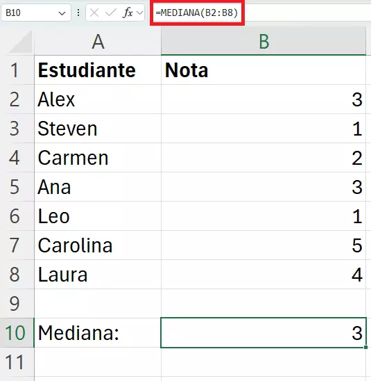 Excel: mediana de una tabla de notas