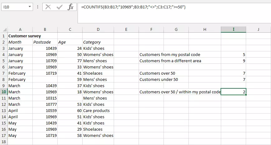 Screenshot de una tabla Excel con la función CONTAR.SI.CONJUNTO y tres criterios de búsqueda