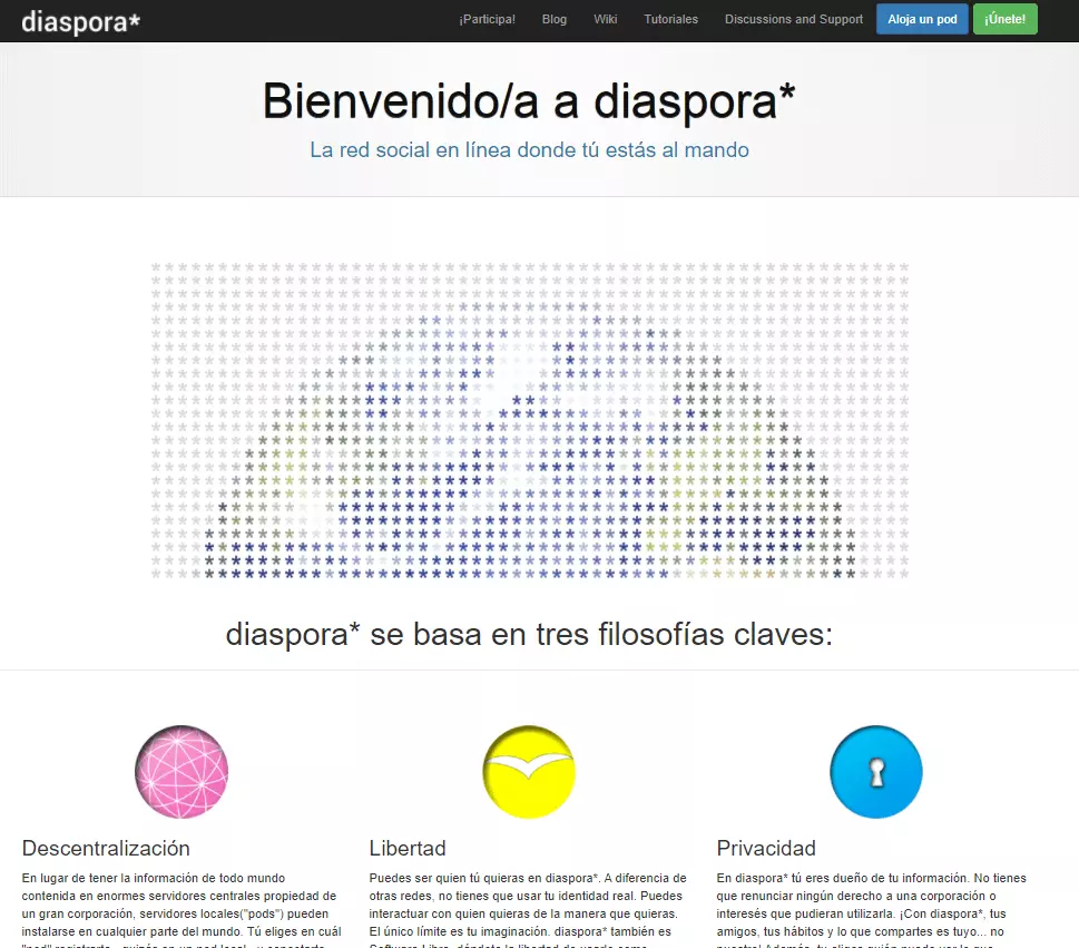 Captura de pantalla de la página web de la red social Diaspora