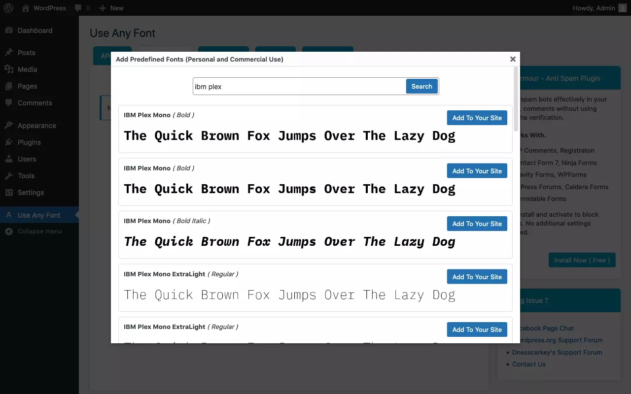 Añadir una fuente predefinida con el plugin “Use Any Font” de WordPress