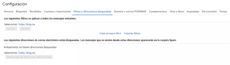 Captura de la configuración del filtro spam en Gmail