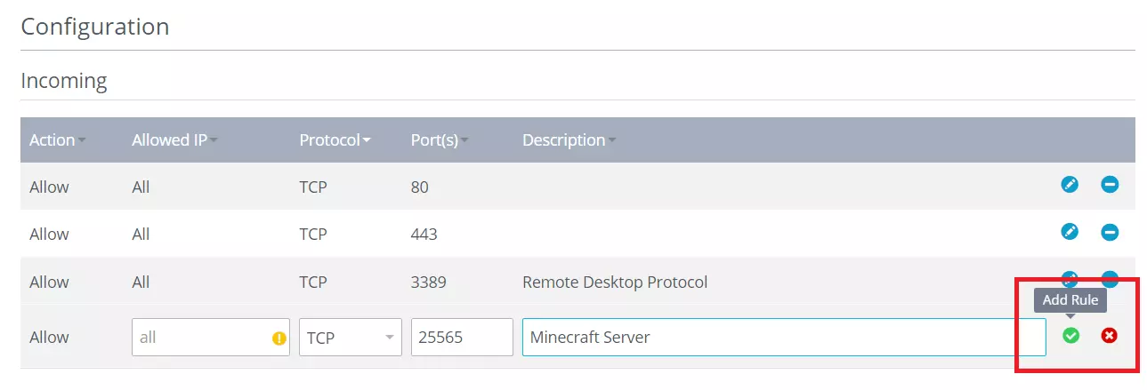 Añadir una nueva regla de puerto en Cloud Panel de IONOS