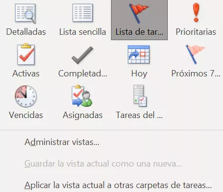 El listado de las posibles opciones de visualización de las tareas en el menú Cambiar vista