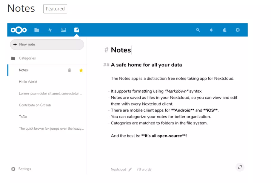 Captura de pantalla de Notes en la base de datos de la app de Nextcloud