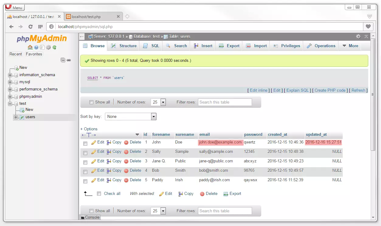 phpMyAdmin: vista actualizada de la tabla según la operación de bases de datos UPDATE