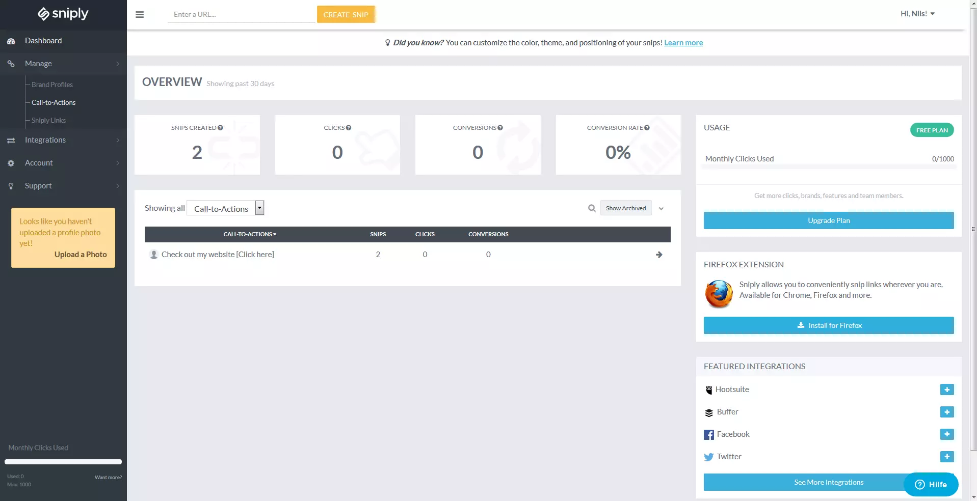 Panel de control de Sniply