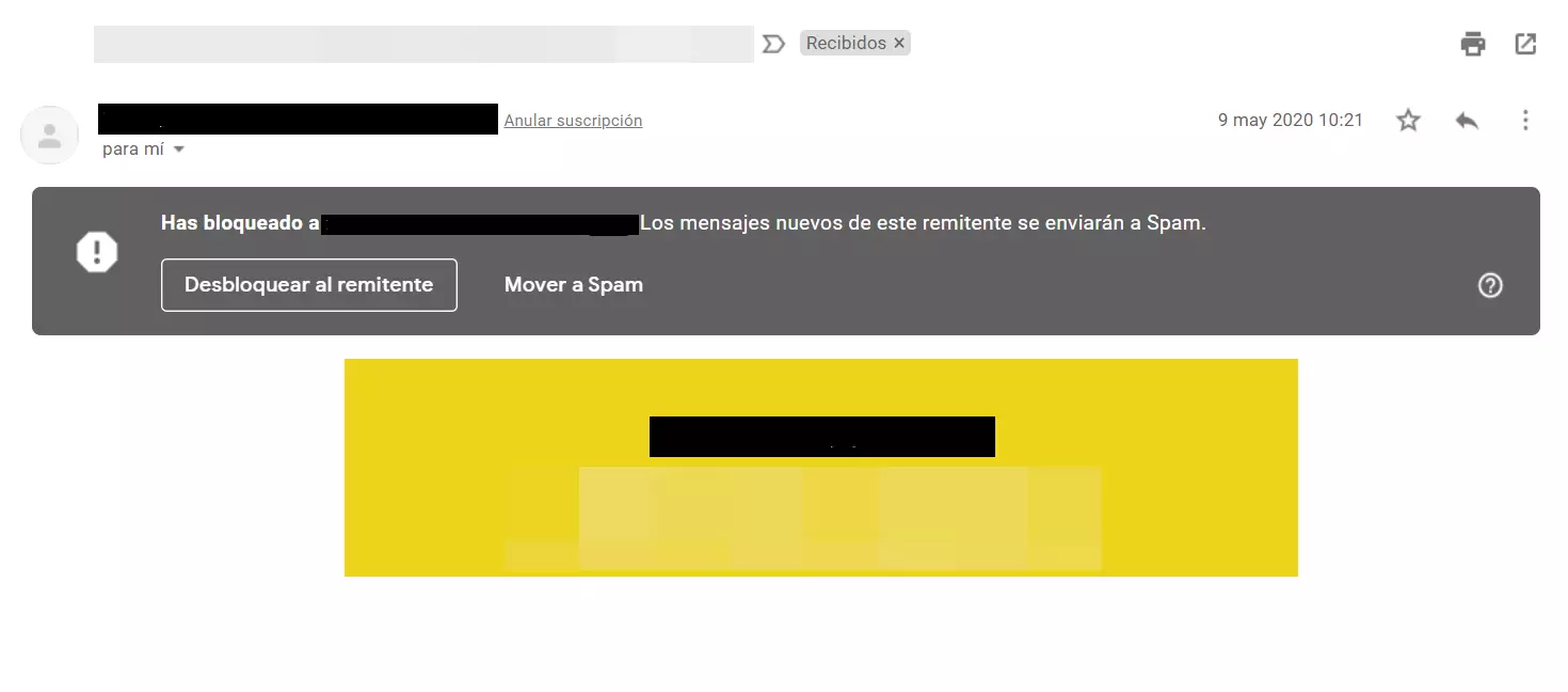 Gmail: campo de información en un correo electrónico bloqueado