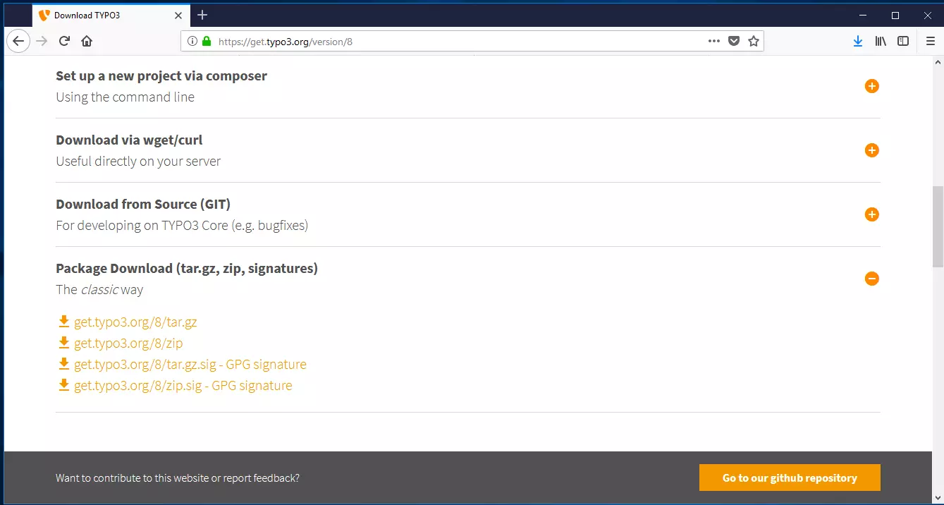 Enlaces de descarga para TYPO3 8 para líneas de comando, en el servidor, como código fuente desde GitHub y como paquete comprimido