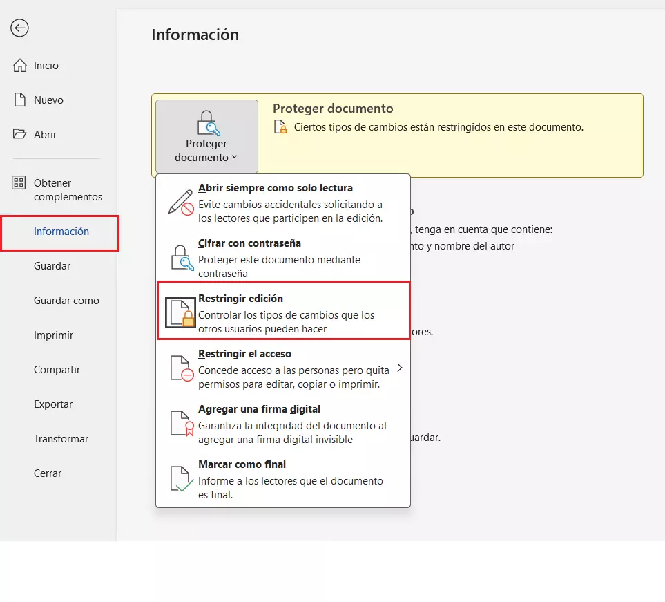 Opción de menú Restringir edición en Word