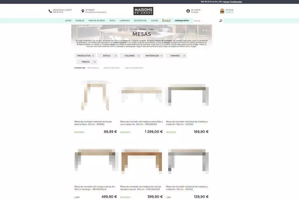 Maisons du Monde: landing page para mesas de madera maciza