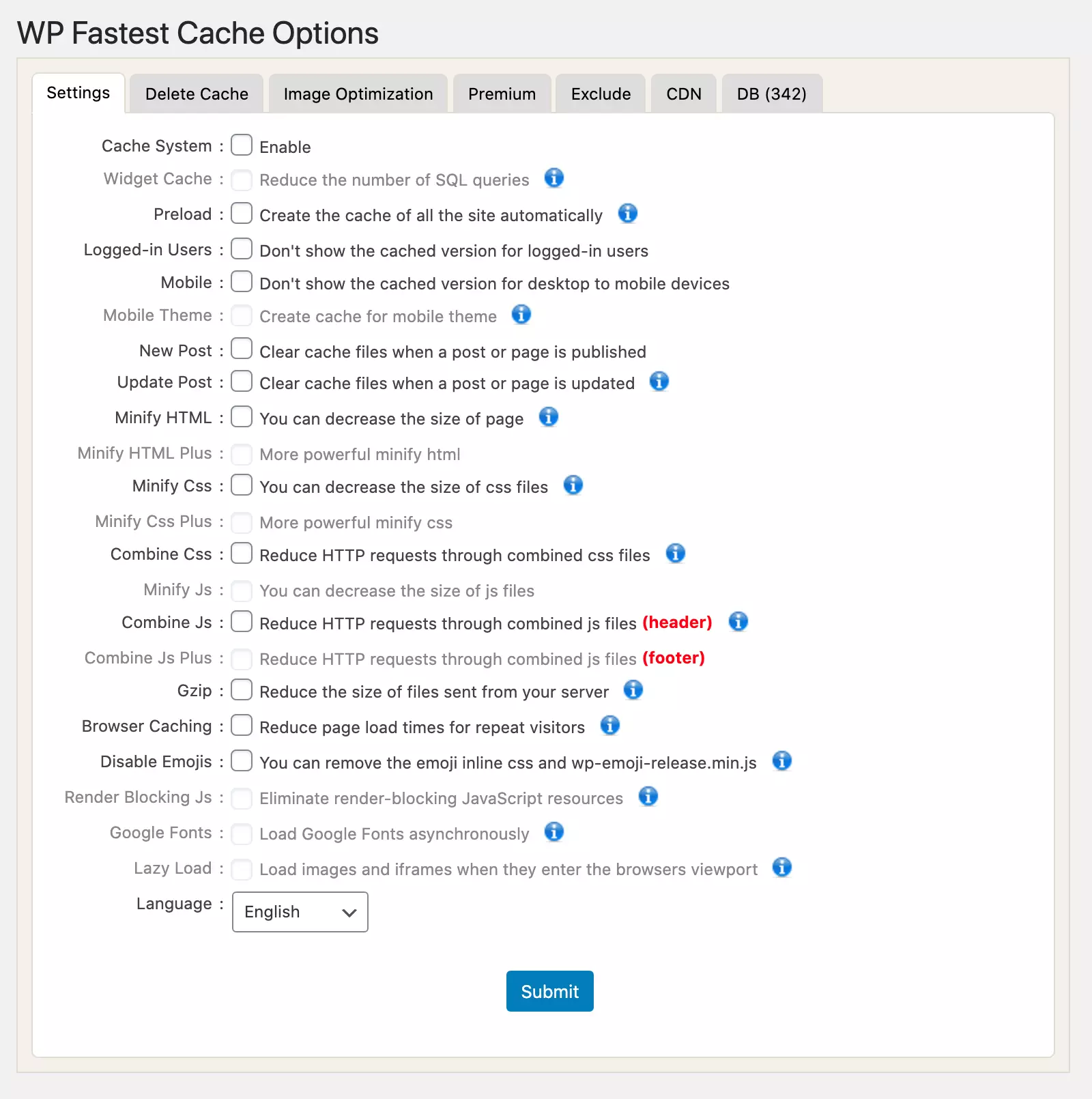 Opciones de configuración del plugin de caching WP Fastest Cache en el backend de WordPress