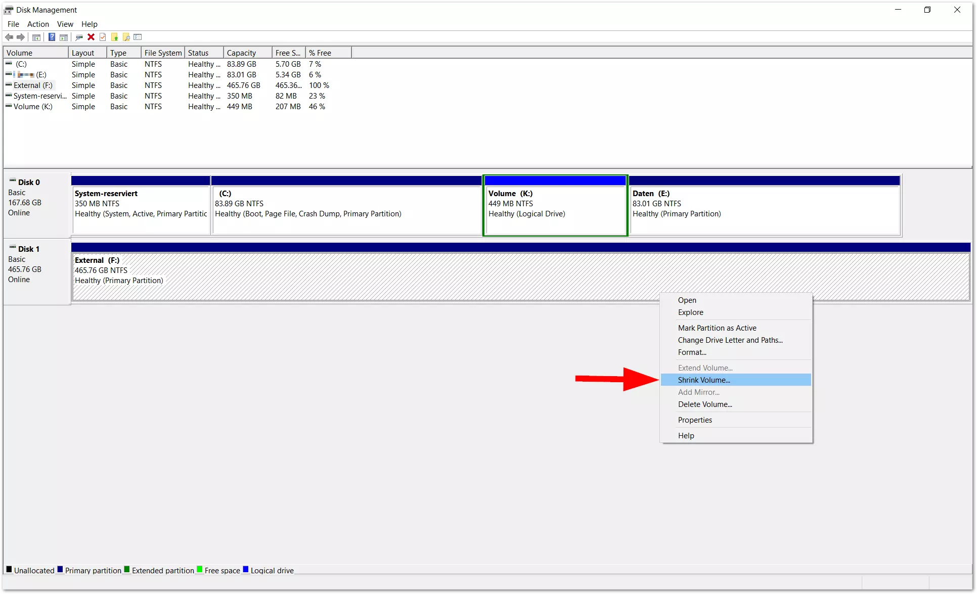 La vista estándar de Administración de discos en Windows 10