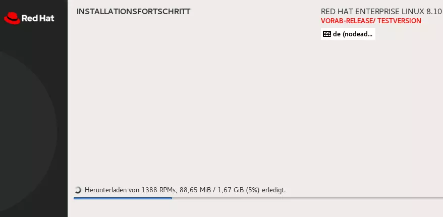 Captura del menú de configuración de RHEL 8 con el progreso de instalación