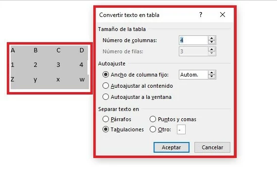 Crear una tabla en Word a partir de un texto existente