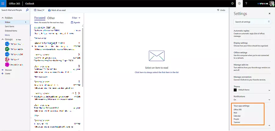 Captura de pantalla del menú desplegable de configuración de Microsoft Outlook Web App