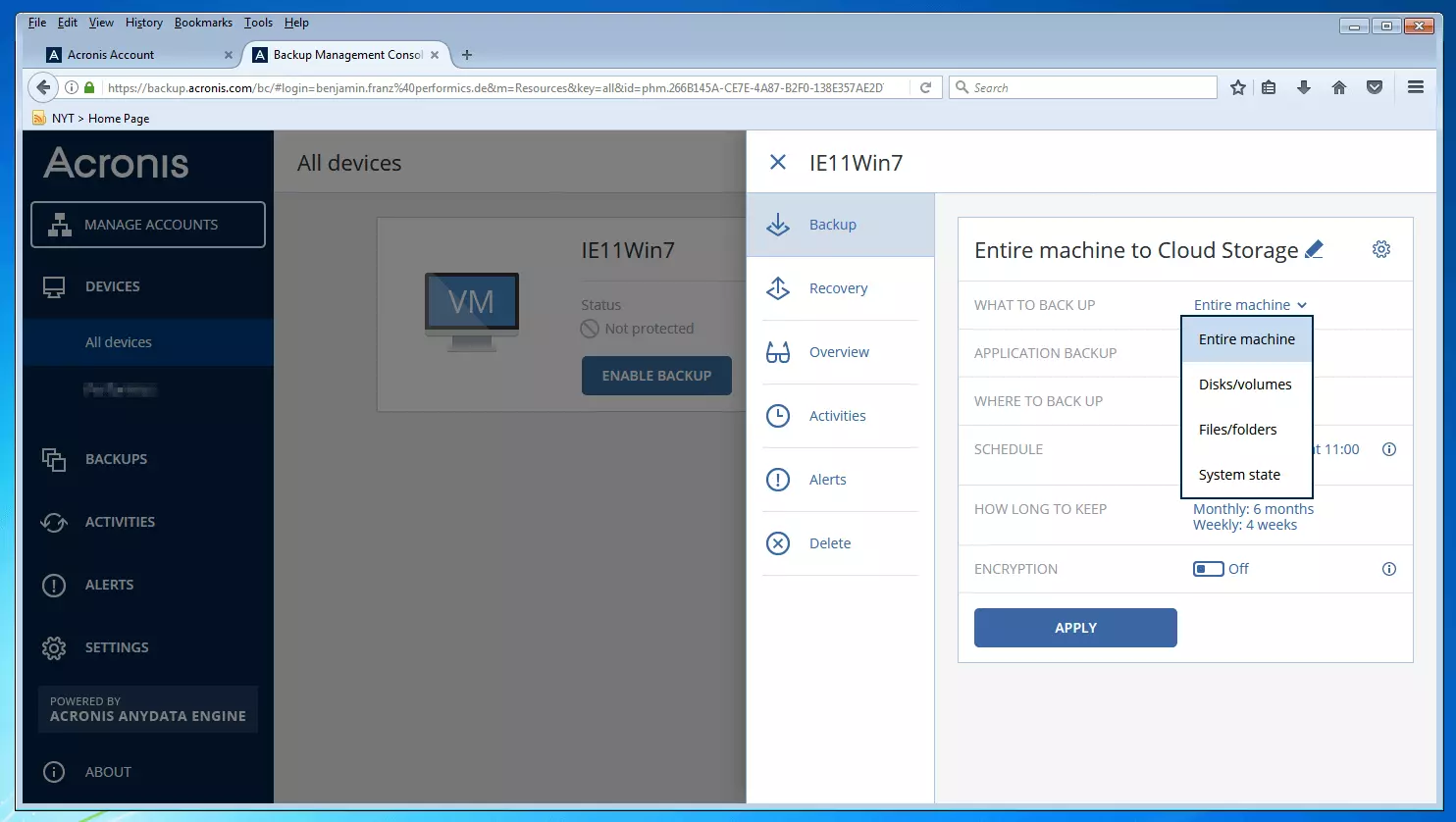 Consola de gestión de copias de seguridad de Acronis Backup 12.5: menú desplegable para seleccionar la fuente de datos