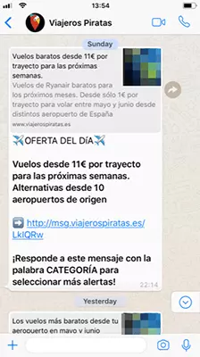 Captura de pantalla de un mensaje de Viajeros Piratas