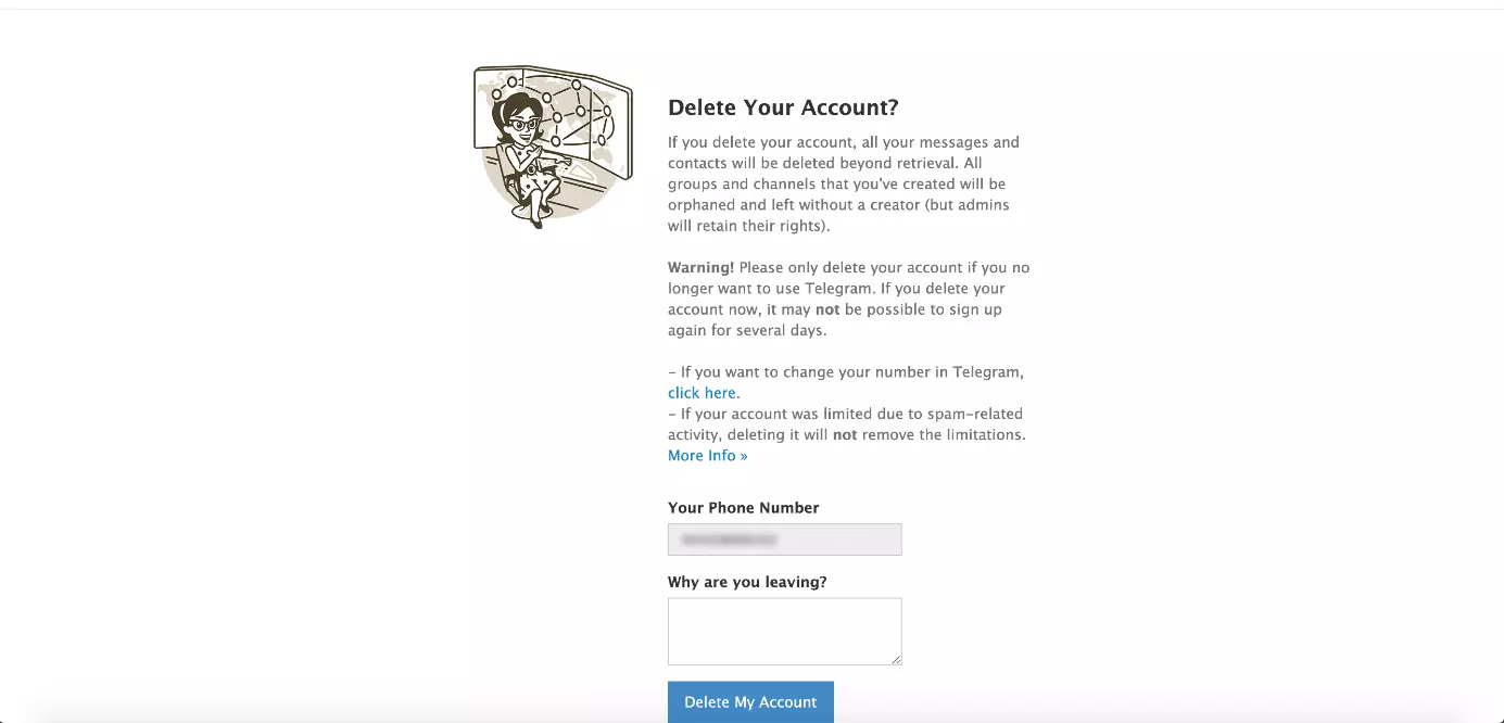 En el navegador: página web de Telegram para eliminar una cuenta