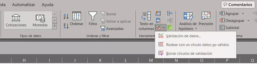 Opción validación de datos en Excel