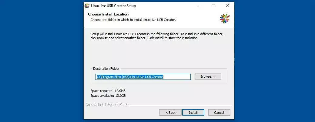 Selección de la ruta de instalación para LinuxLive USB Creator