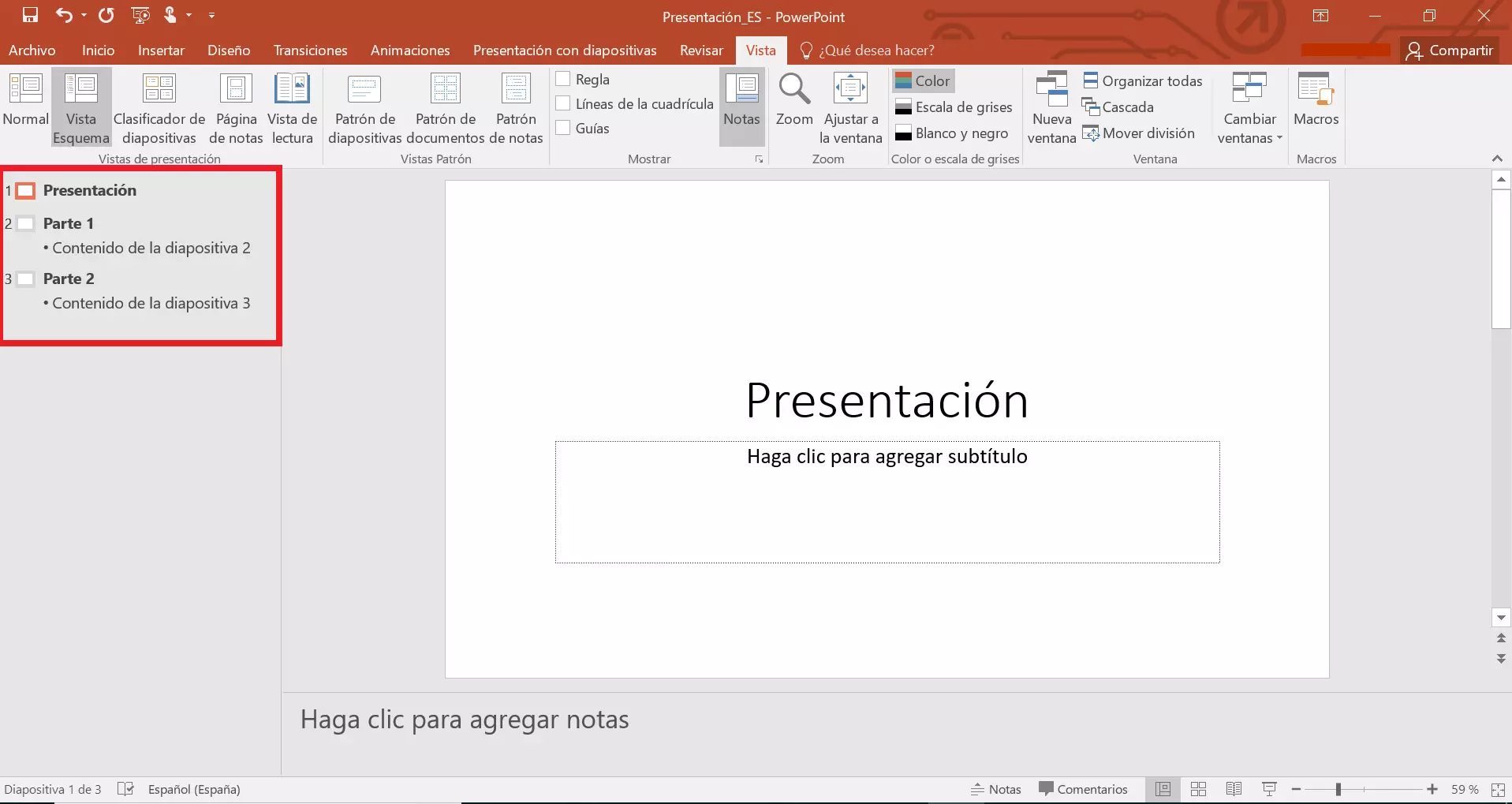 Vista Esquema en PowerPoint: elementos