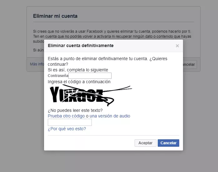 Captura de pantalla con los campos a rellenar en la nueva ventana para eliminar la cuenta de Facebook