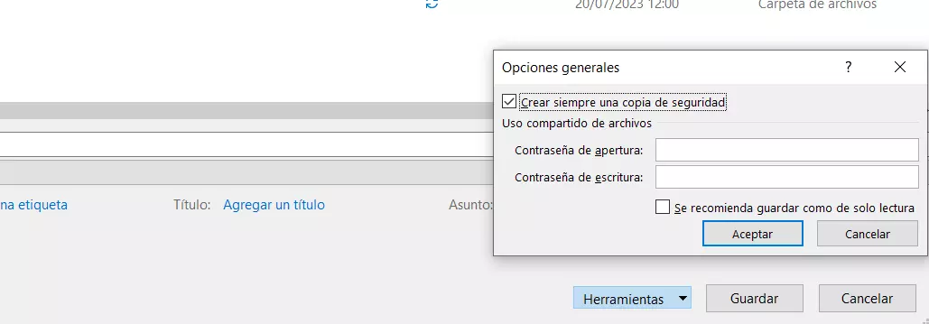 Excel: Opción “Crear copia de seguridad”